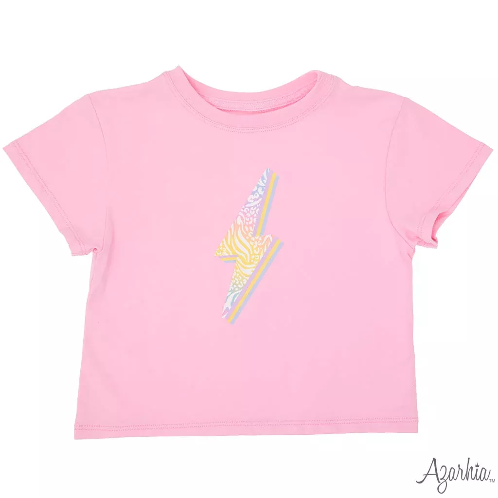 Azarhia Pink Boxy Tee - Zebra Rainbow Lightning Bolt