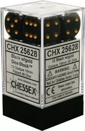 Opaque: Black/ Gold D6 Block Dice Set (12) CHX25628