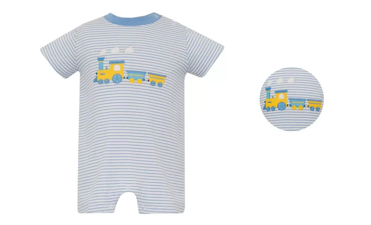 Small BLue and White Knit Stripe Boy's Short Romper- Train